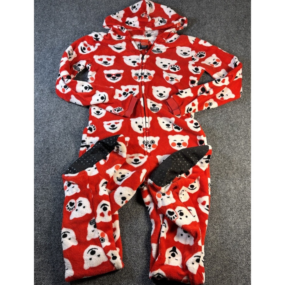 Coca-Cola Footie Pajamas Womens XS Red Polar Bear Emoji Hooded Fleece Union Suit